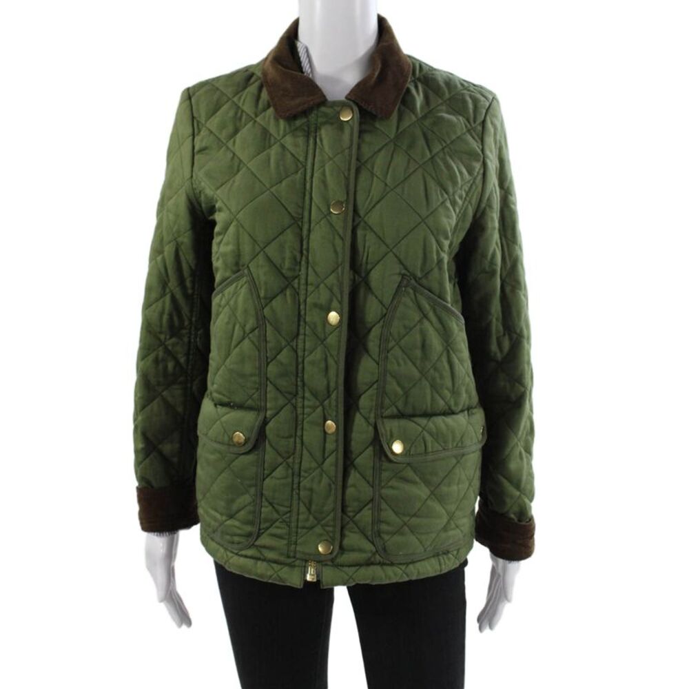 J Crew Women Quilted Cotton Jacket Green Long Sleeve Size S